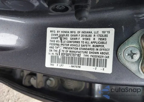 2015 Honda Civic Lx из США, поврежденный, VIN 19XFB2F50FE707182